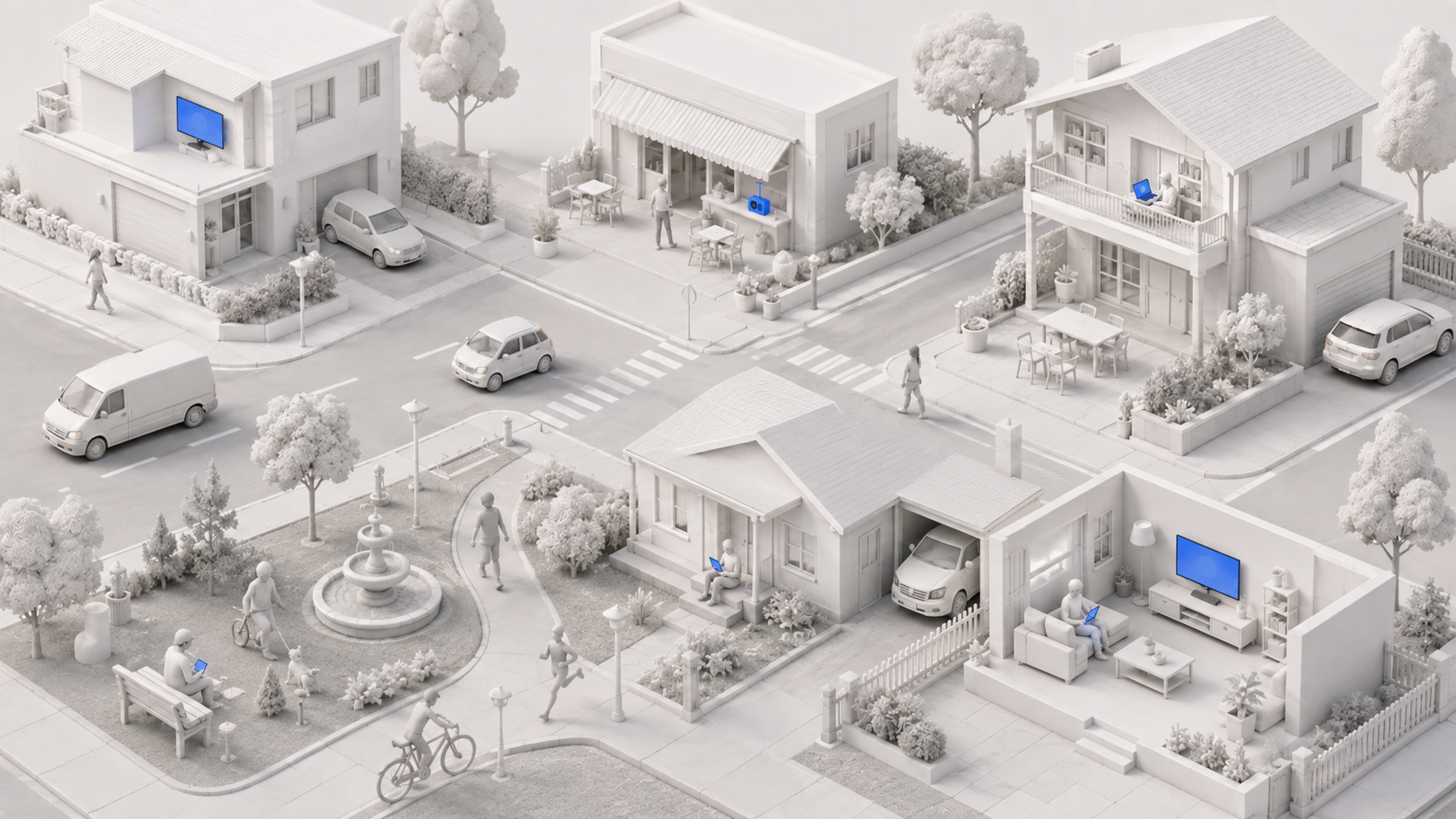 Maquete de bairro com rádio e TV ligados dentro das casas e do comércio
